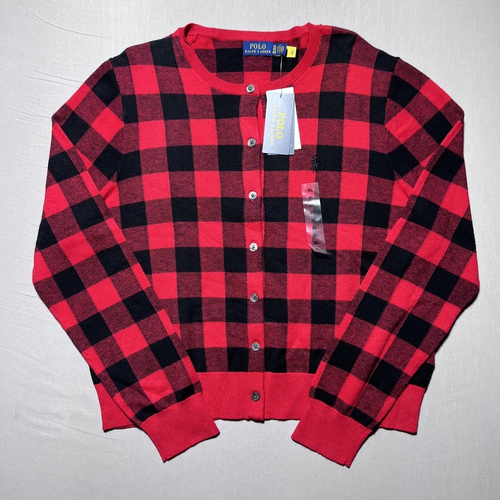 Polo Ralph Lauren Plaid Cardigan Womens XL Red‎ Buffalo Button Cotton Wool